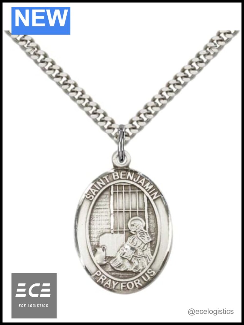 925 Sterling Silver Saint Benjamin Medal Pendant Necklace 18"